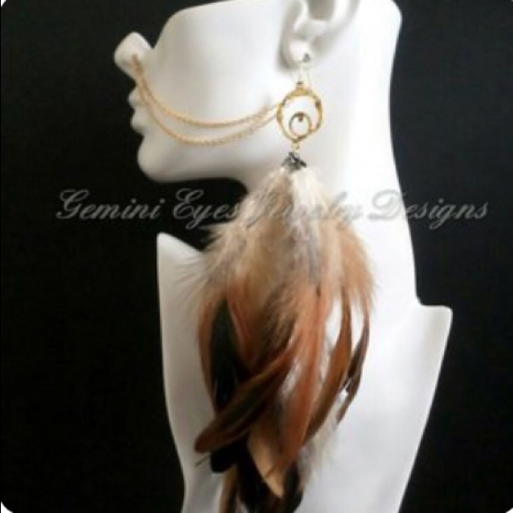 Gold Plated Ear to Nose Chain with Feathers